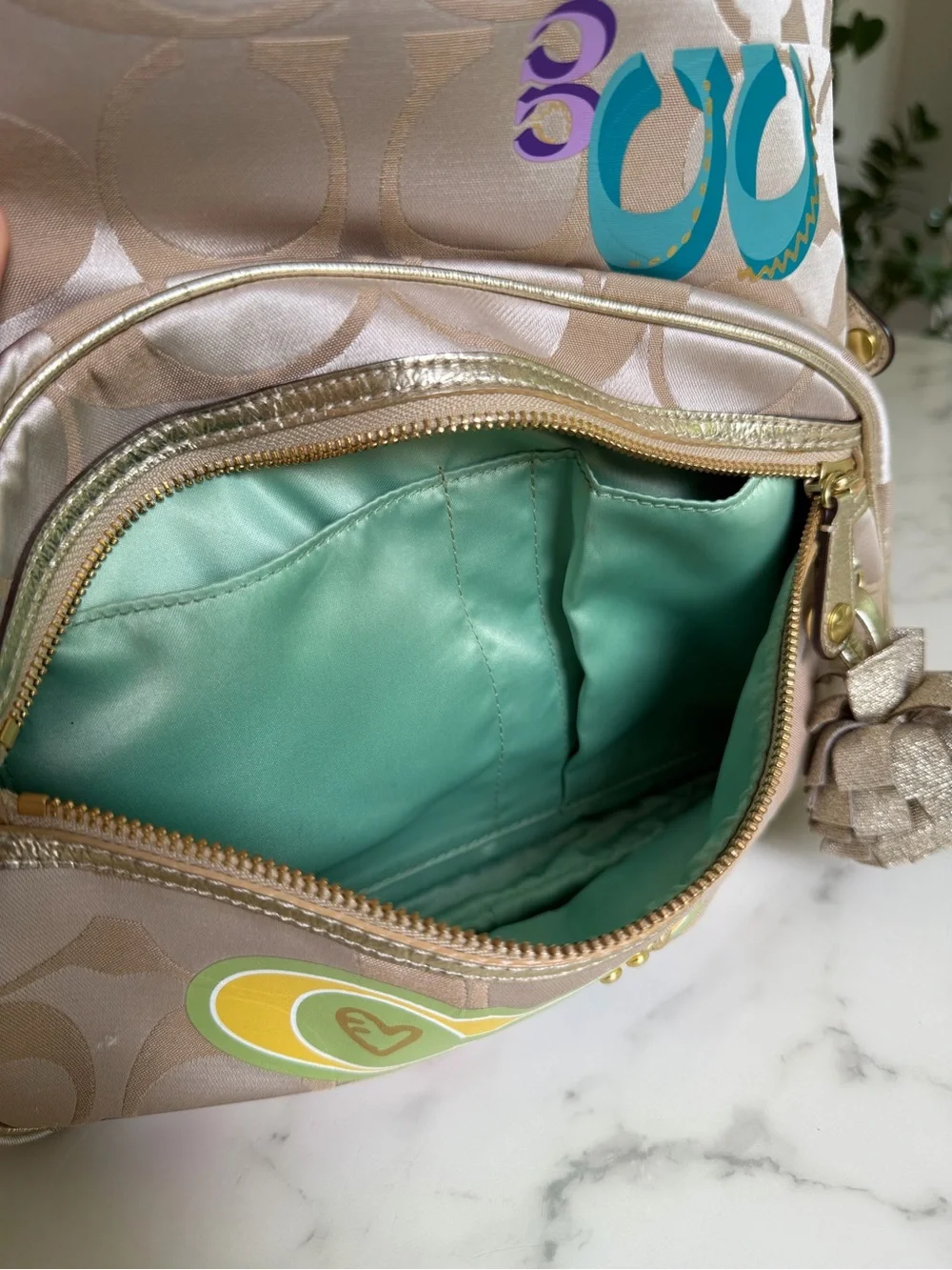 Coach Poppy Signature Graffiti Appliqué Backpack & Wallet Set Khaki Gold Multi